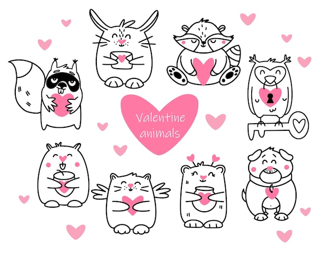 Een set schattige dieren voor Valentijnsdag met hartsymbolen
