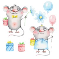 Een set schattige kleine muizen met ballonnen, bloemen en geschenken waterverfillustratie
