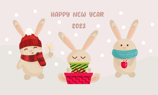 Een set schattige konijnen in een muts, sjaal, met cadeaus voor het nieuwe jaar en Kerstmis.