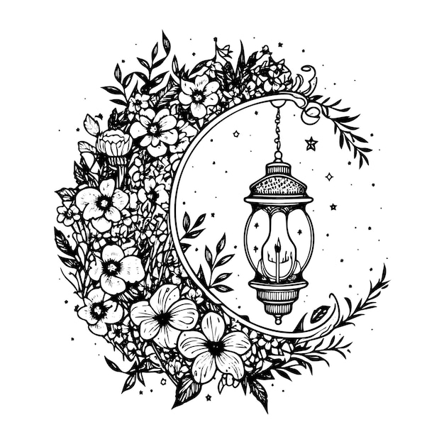 Een set schetsen in vintagestijl met een sikkelvormig bloemenornament en een lantaarn