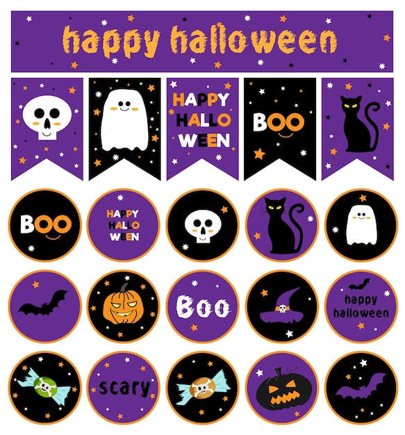 een set slingers en happy halloween-elementen en toppers met schedels, boo-pompoenen, spoken, kat