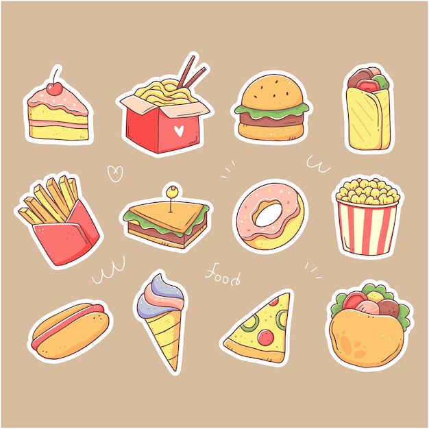 Een set stickers met fastfood Junkfood in doodle-stijl Vector geïsoleerde clipartillustratie