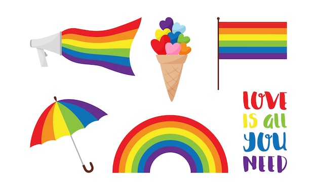 Een set stickers voor pride maand lgbtq mondstuk met regenboog in lgbt kleuren paraplu regenboogvlag ijs belettering zin love is alles wat je nodig hebt vectorillustratie geïsoleerd op wit