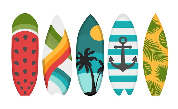 Een set surfplanken met een stijlvol patroon Platte doodle clipart Alle objecten zijn opnieuw geverfd