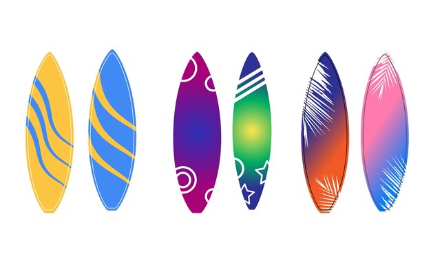 Een set surfplanken met verschillende kleuren en vormen