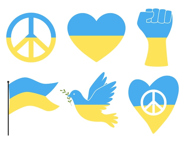 Een set symbolen in de kleuren van de Oekraïense vlag Een symbool van vrede een hand van solidariteit een vlag een hart en een duif Kleur illustratie in een vlakke stijl geïsoleerd op een witte achtergrond