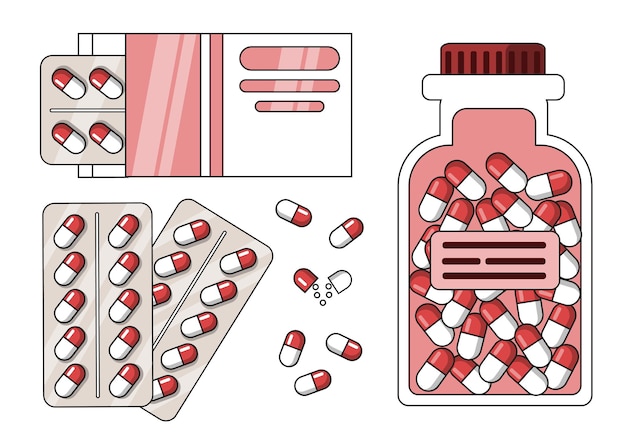 Een set tabletten in blisters en flessen