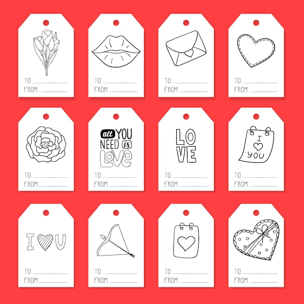 Een set tags voor het inpakken van cadeaus met elementen rond het thema Valentijnsdag. Illustraties in doodle-stijl zijn met de hand getekend. Zwart-wit afbeelding, geïsoleerd op een witte achtergrond.