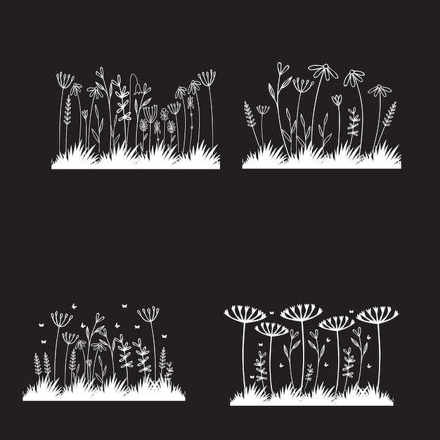 Een set tekeningen van bloemen op een zwarte achtergrond.