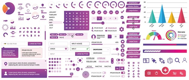 Een set UI-componenten voor mobiele apps en websites, knoppen, pictogrammen, menu's en panelen