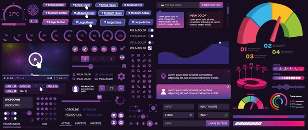 Een set UI-componenten voor mobiele apps en websites omvat knoppen, panelen, menu's, schuifblokken en grafieken