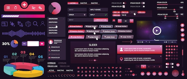 Een set UI-componenten voor mobiele apps en websites omvat knoppen, panelen, menu's, schuifblokken en grafieken