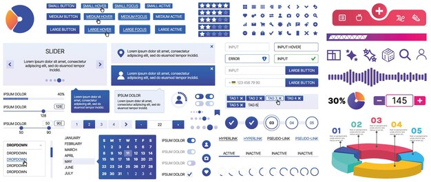Een set UI-componenten voor mobiele apps en websites omvat knoppen, panelen, menu's, schuifblokken en grafieken