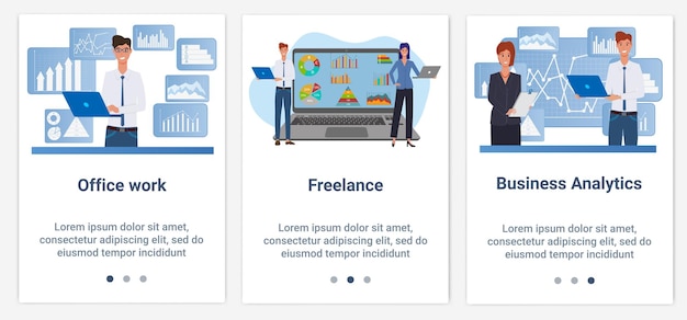 Een set ui- en ux-interfaces voor de gebruikersinterfacekantoorwerk en freelance
