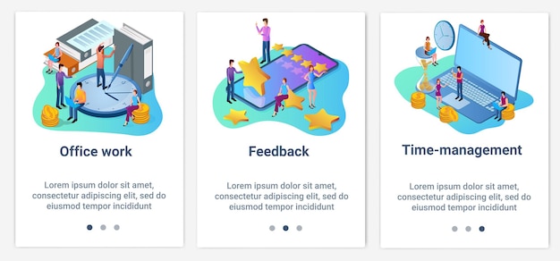 Een set UI- en UX-interfaces voor de gebruikersinterfaceKantoorwerkfeedback en tijdbeheer