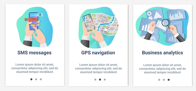 Een set UI- en UX-interfaces voor de gebruikersinterfaceSMS GPS-navigatie en bedrijfsanalyses