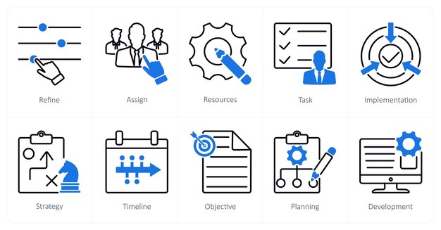 Een set van 10 Action Plan iconen als verfijnde toewijzing van middelen