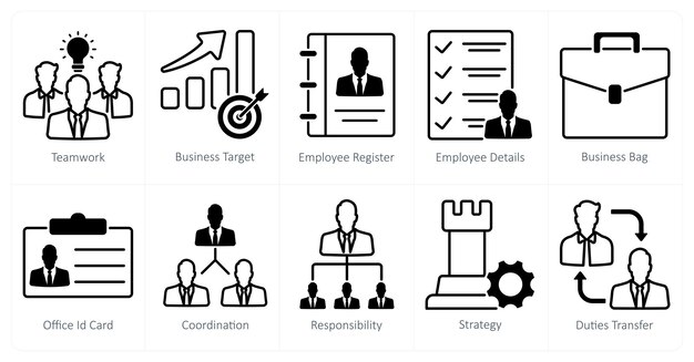 Een set van 10 bedrijfs- en kantooriconen als teamwerk bedrijfsdoelmedewerkerregister