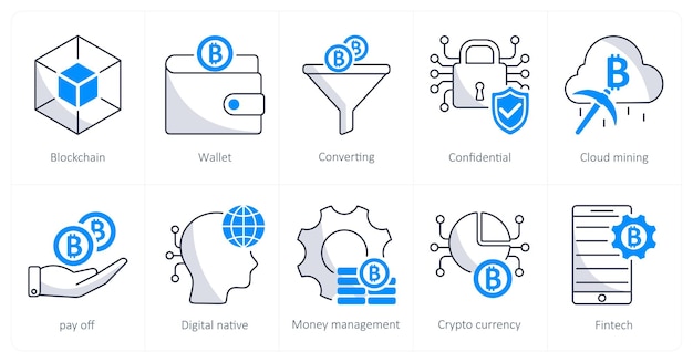 Een set van 10 bitcoin iconen als blockchain portemonnee converteren