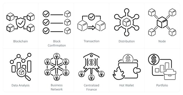 Een set van 10 blockchain iconen als blockchain blok bevestiging transactie