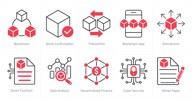 Een set van 10 Blockchain-iconen als blockchain-blokbevestigingstransactie