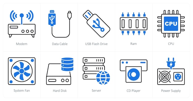 Een set van 10 Computer Parts iconen als modem gegevenskabel usb flash drive