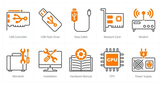 Een set van 10 computeronderdelen iconen als usb controller usb flash drive gegevenskabel