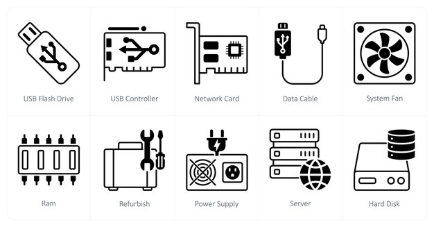 Een set van 10 computeronderdelen iconen als usb flash drive usb controller netwerkkaart