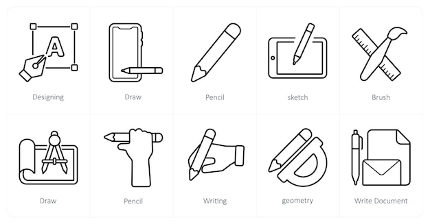 Een set van 10 design en creativiteit iconen als het ontwerpen van tekenen potlood