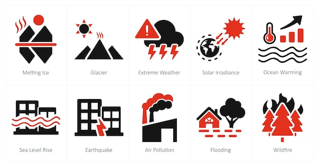 Een set van 10 klimaatverandering iconen als smeltende ijs gletsjer extreem weer