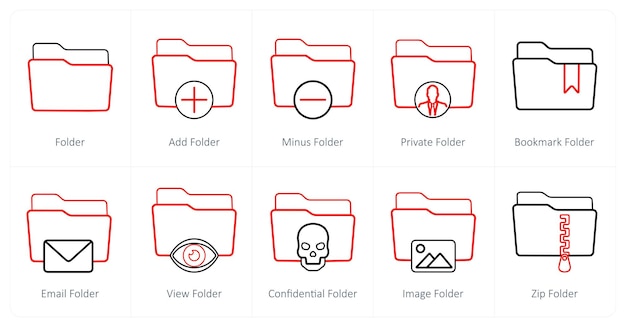 Een set van 10 mappen iconen als map toevoegen map min map