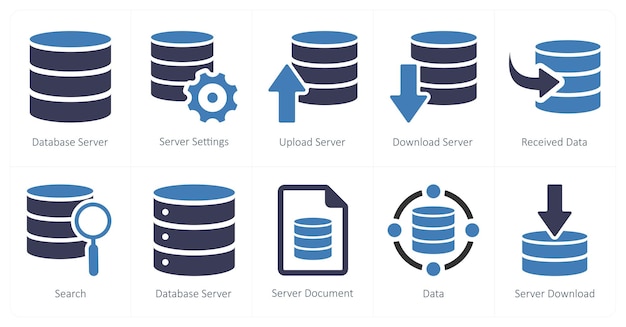 Een set van 10 mix iconen als database server server instellingen upload server