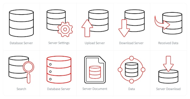 Een set van 10 mix iconen als database server server instellingen upload server