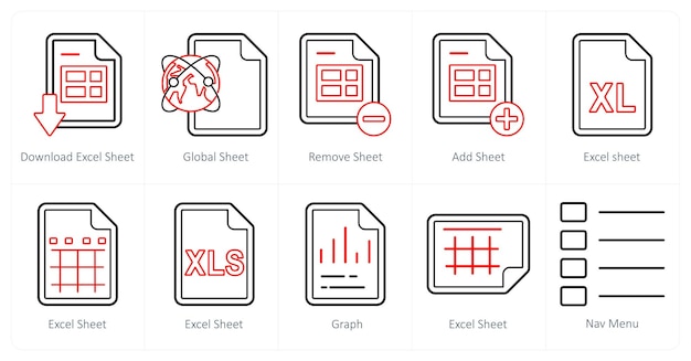 Een set van 10 mix iconen als download excel sheet globale sheet verwijderen sheet