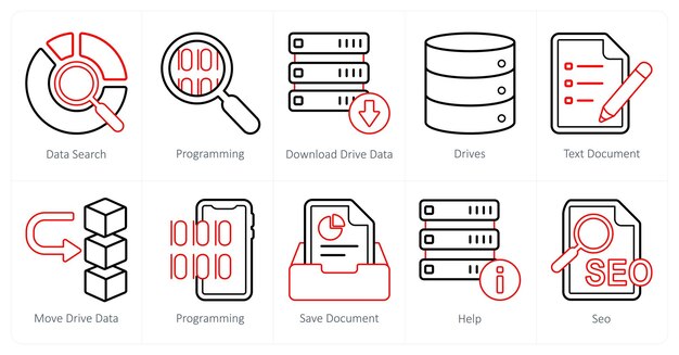Een set van 10 mix iconen als gegevens zoeken programmeren download drive gegevens