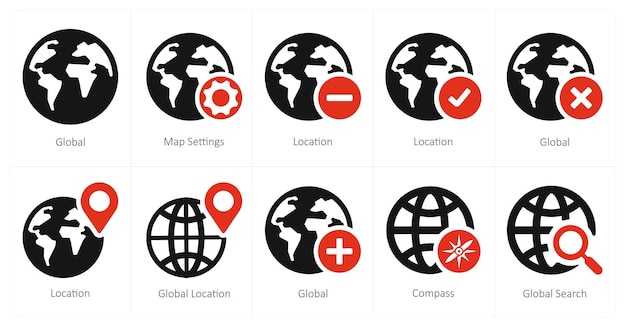 Een set van 10 navigatie iconen als wereldwijde kaart instellingen locatie