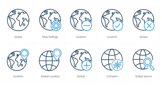 Een set van 10 navigatie iconen als wereldwijde kaart instellingen locatie