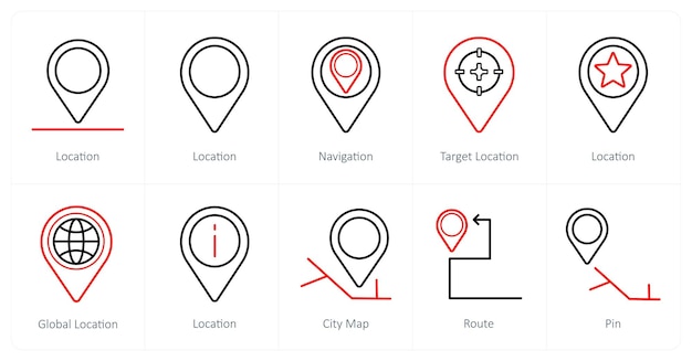 Een set van 10 navigatie-icons als locatie navigatie doellocatie