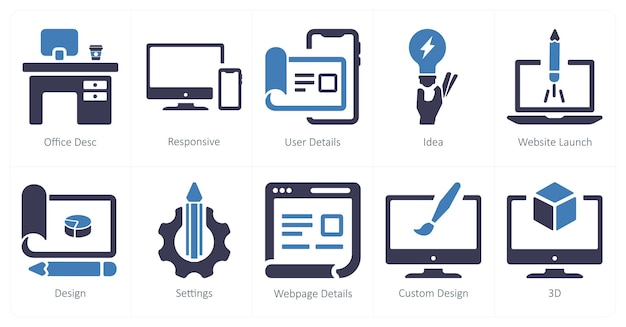 Een set van 10 ontwerp- en creativiteitsiconen als office desc responsieve gebruikersgegevens