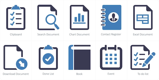 Een set van 10 ui-iconen als klembord zoekdocument grafiek document