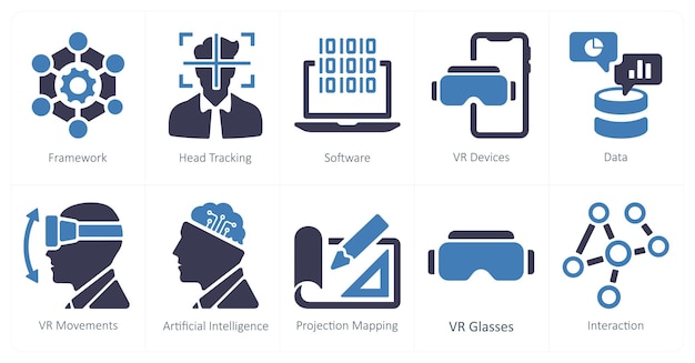 Een set van 10 Virtual Reality iconen als framework hoofd tracking software