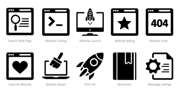 Een set van 10 webmarketing iconen als zoekwebpagina website codering website lancering