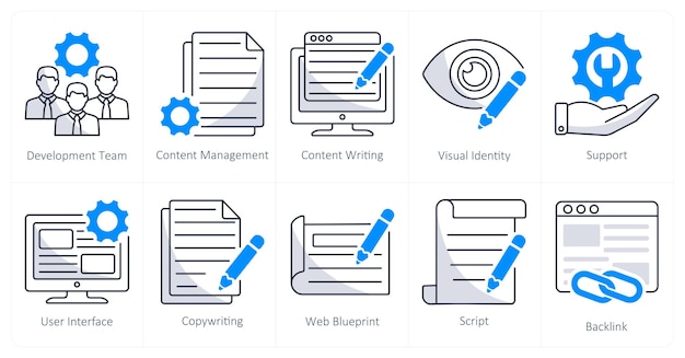 Een set van 10 webontwerp iconen als content management content writing van het ontwikkelingsteam