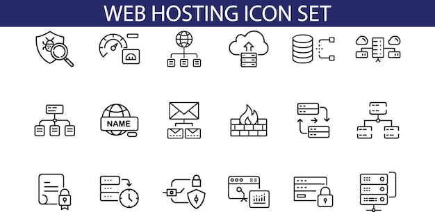Een set van 18 lijn iconen die verschillende aspecten van webhosting vertegenwoordigen, waaronder beveiligingssnelheid uptim