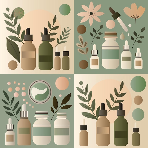 Een set van 4 illustraties van schoonheidsproducten voor verzorging in natuurlijke kleuren