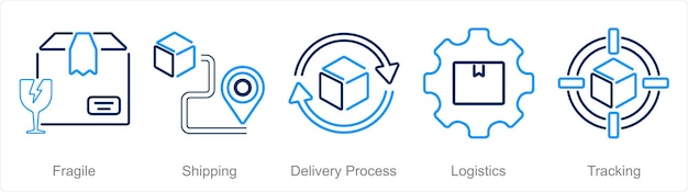 Een set van 5 afleveringsiconen als een kwetsbaar verzendingsproces