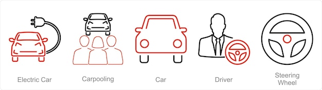 Een set van 5 auto-iconen als elektrische auto carpooling auto