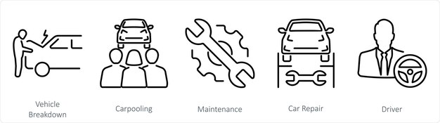 Vector een set van 5 auto-iconen als voertuigonderbreking carpooling onderhoud