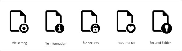 Een set van 5 bestanden iconen zoals bestandsinstelling bestandsinformatie bestandsbeveiliging