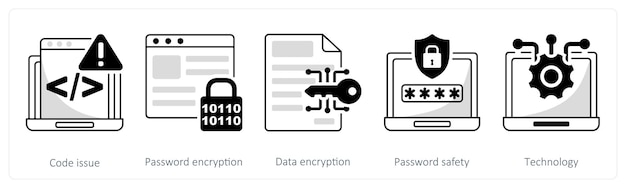 Een set van 5 beveiligingsiconen als code uitgave wachtwoord encryptie gegevens encryptie